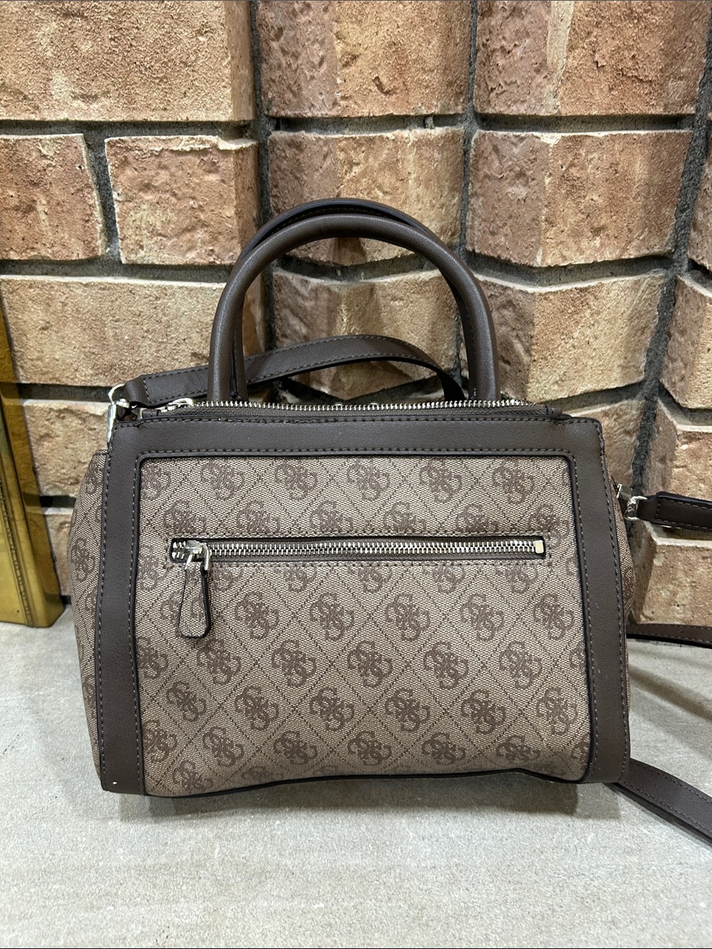 NWOT Guess Studded Monogram Satchel Handbag in Brown - Picture 3 of 6